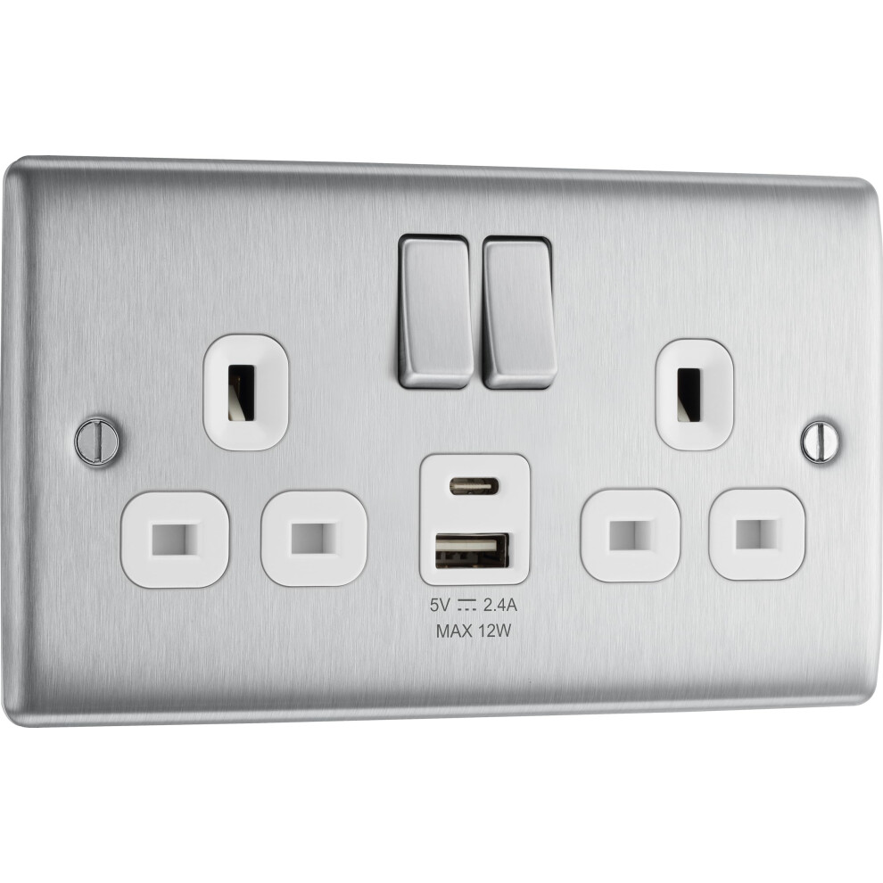 Bg Electrical 12W Double Switched Power Wall Plug Socket With Type A And Type C Usb Charging Ports, Nexus Metal, Brushed Steel, White Inserts, 13A, 5051221741055