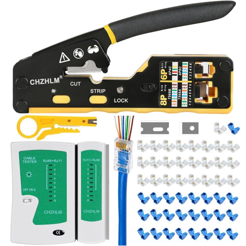 Rj45 Crimp Tool Kit Pass Through Crimper Ethernet Crimping Kit Stripper Cutter Crimper All-In-One For 8P Rj45 Cat5 Cat6 6P Rj11/12 Telephone 5051222383834