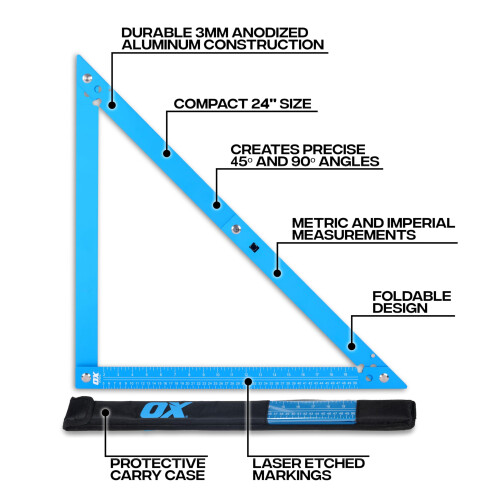 OX Tools 600mm Folding Square, Aluminium Framing Square with Carry Case, Builders Measuring Tool 1