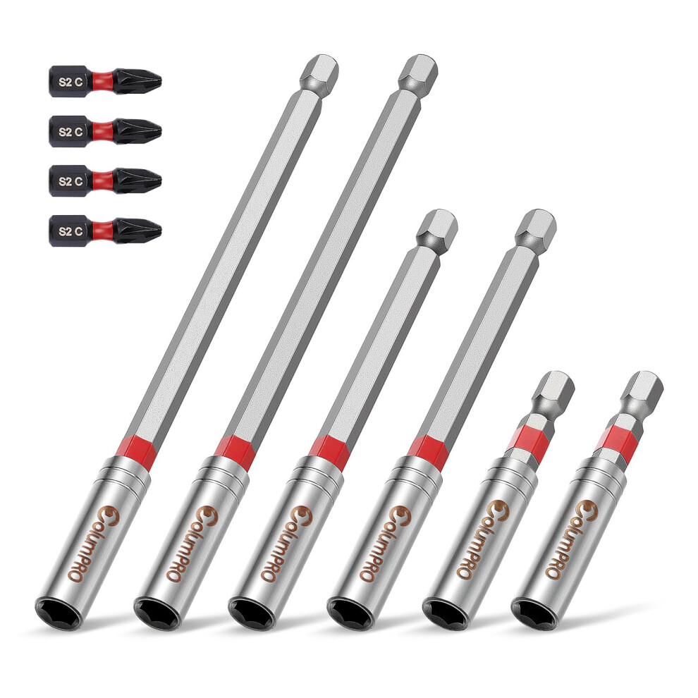 Columpro 10Pcs Magnetic Extension Bit Holder Set, 60, 100, 150Mm Hex Shank S2 Steel Magnetic Drill Bit Extension Holder With 4*Pz2 Screwdriver Bits 5051221743974