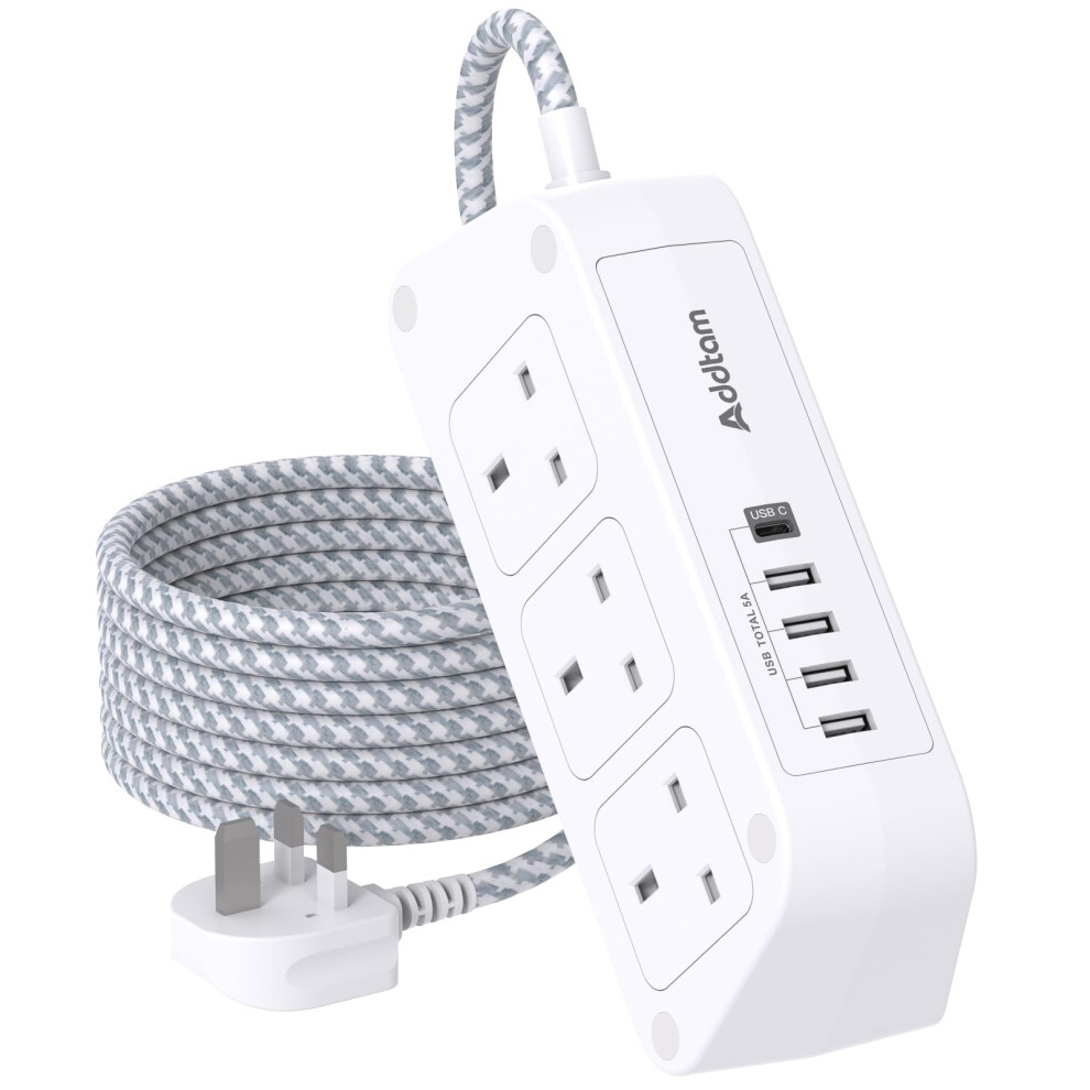 Addtam Extension Lead With Usb Slots, 3M Extension Cable With 6 Way Outlets 5 Usb(5A, 1 Usb C And 4 Usb A Ports), 3250W Overload Protection, Surge 5051222378236