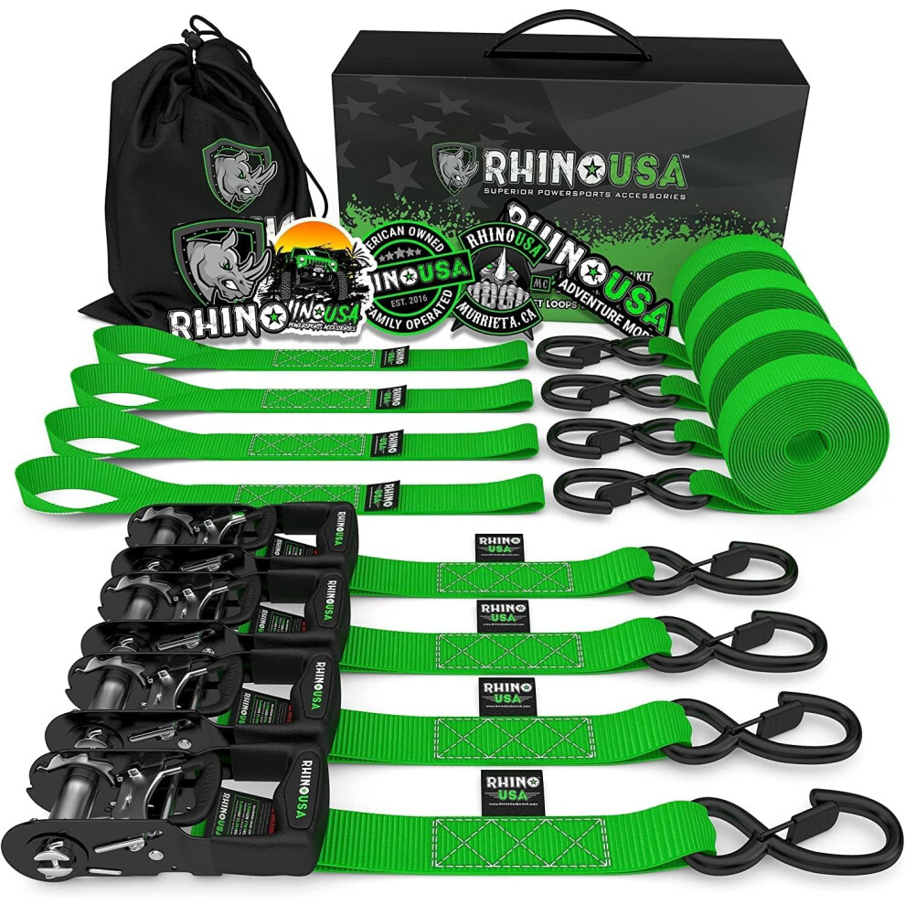 Rhino Usa Ratchet Straps Tie Downs (4-Pack) - 2.5Cm X 4.6M (800Kg Break Strength) - Ultimate Tie Down Straps With Safety S Hooks - Premium Straps For 5051221750149
