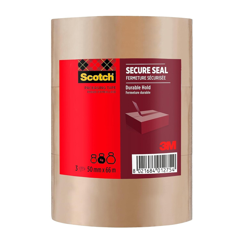Scotch Secure Seal Packaging Tape 50 Mm X 66 M 3 Rolls/Pack - Ideal For Packing Boxes And Parcels Brown