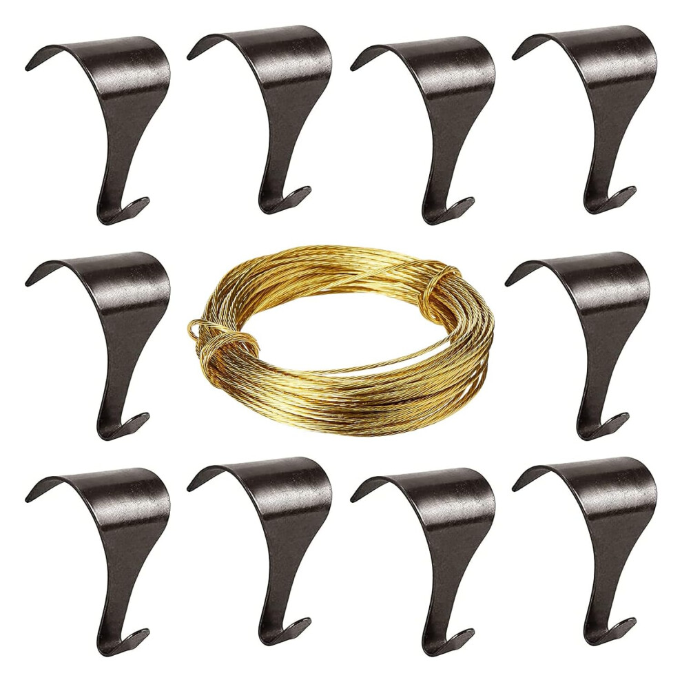 Picture Rail Moulding Hook 10Pc Antique Brass Plated Picture Frame Photo Mirror Hangers With 6 Metres Brass Picture Wire 5051221746876
