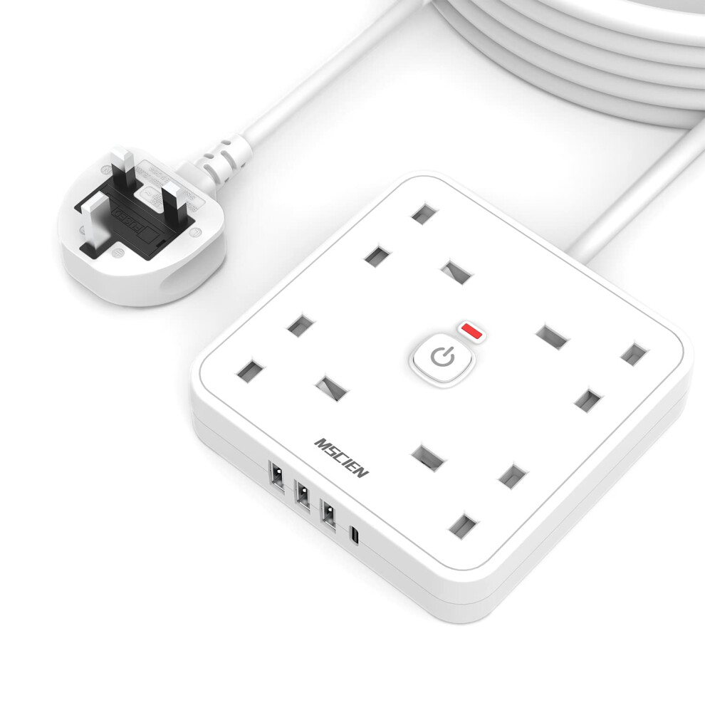 Photos - Electrical Wire & Cable Mscien 5M 4 Gang Extension Lead with 4 USB Slots , MSCIEN, Extension Cords with LED Indicator Switch,(1 Type-C and 3 USB-A)