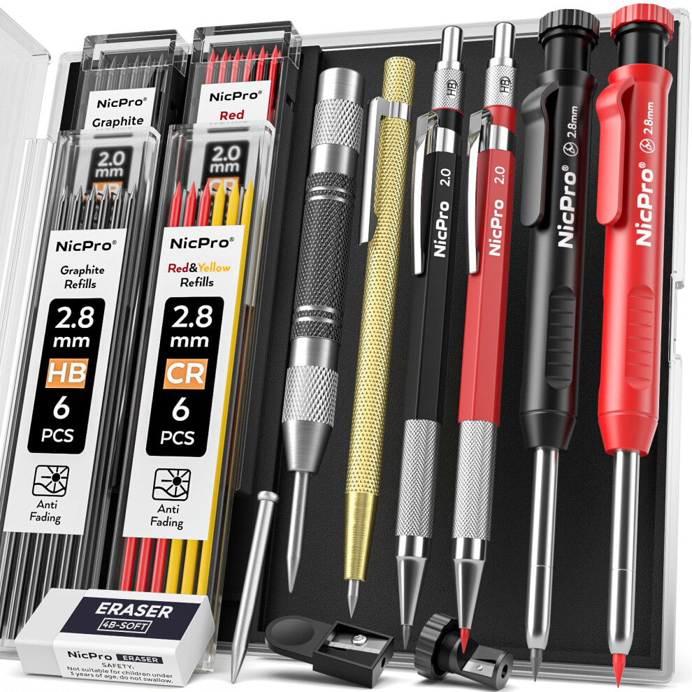 Nicpro 11 Pack Carpenter Pencil Set With Sharpener, Mechanical Carpenter Pencils With 40 Refill, Automatic Center Punch And Carbide Scribe Tool, Heavy 5051222354896