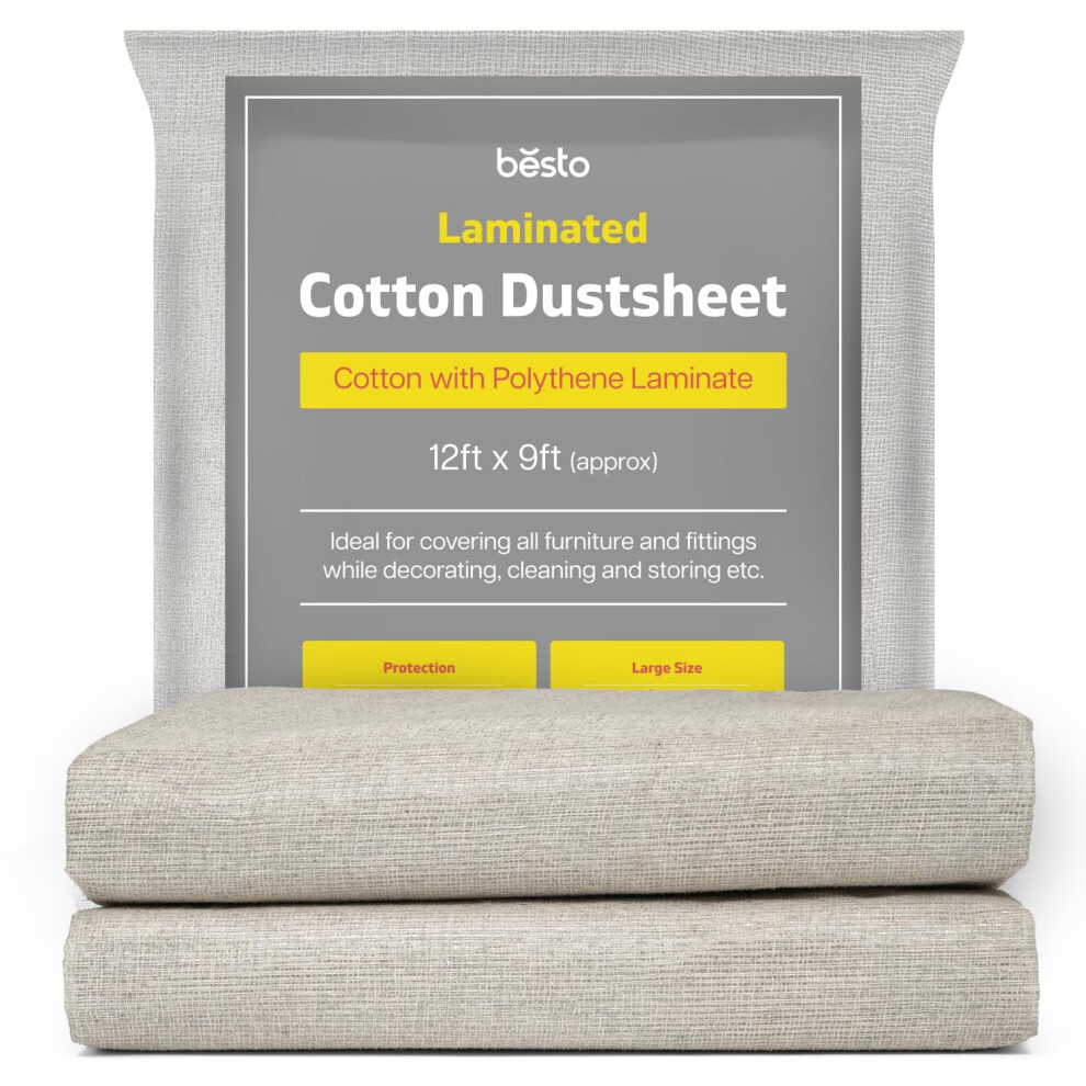 Pack Of 2 Laminated Cotton Dust Sheets For Decorating, Waterproof 12Ft X 9Ft Dust Sheets Twill Laminated Polythene Backed Reusable Paint Sheets For 5051222395066