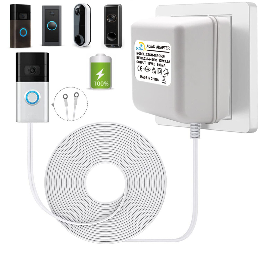Doorbell Power Transformer,18V500ma Video Doorbell Power Adapter,Uk Plug,For Ring,Nest,Eufy,Arlo,Wyze,Video Doorbell Equipment(8M Extension Cable 5051221748207