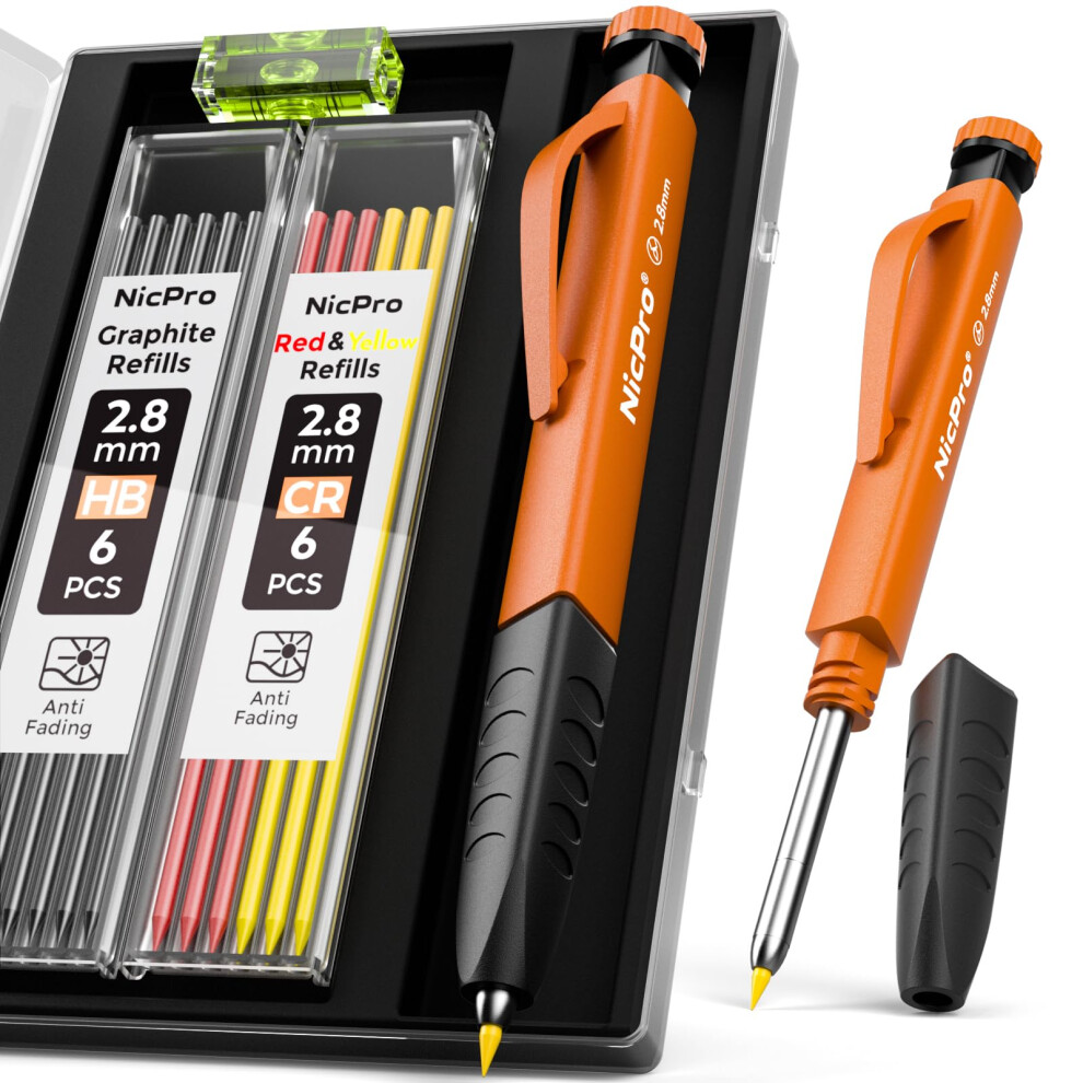 Nicpro Upgraded 3-In-1 Carpenter Pencils Set With Finger Grip, 1Pcs Construction Pencil With 13 Refill & Mini Spirit Level, Deep Hole Marker Carpenter 5051221748764