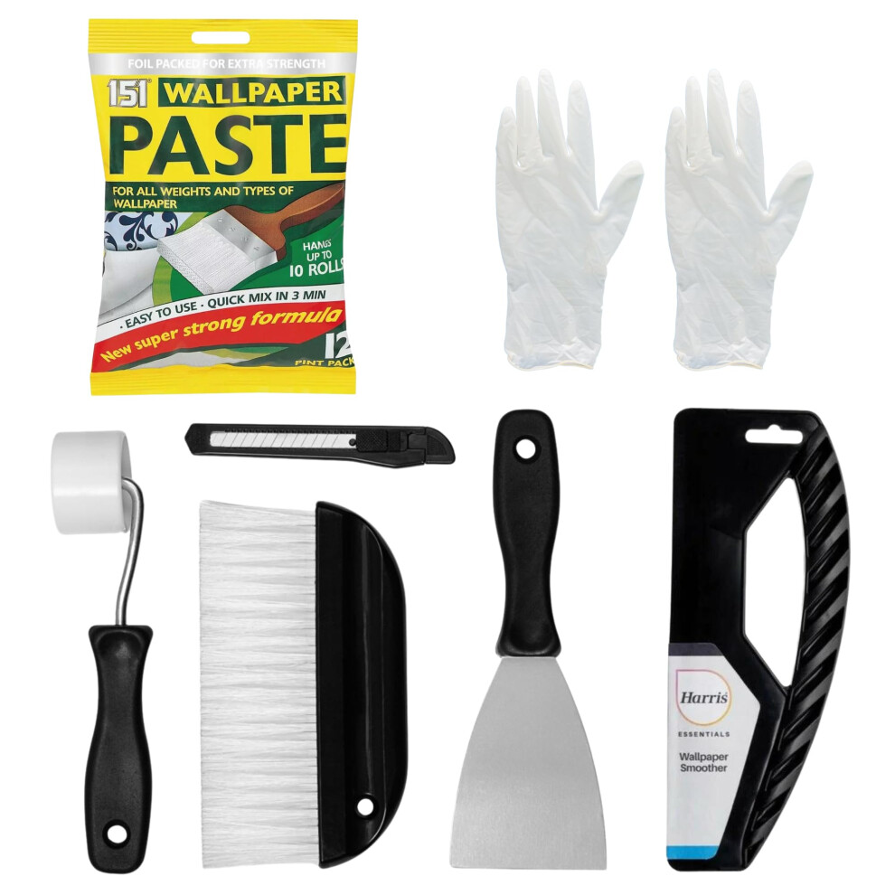 Wallpaper Paste Kit - Includes 10 Roll Adhesive Paste And Wallpaper Kit Containing Smoother, Roller, Hanging Brush, Scraper, Trimmer And Gloves 5051221746531