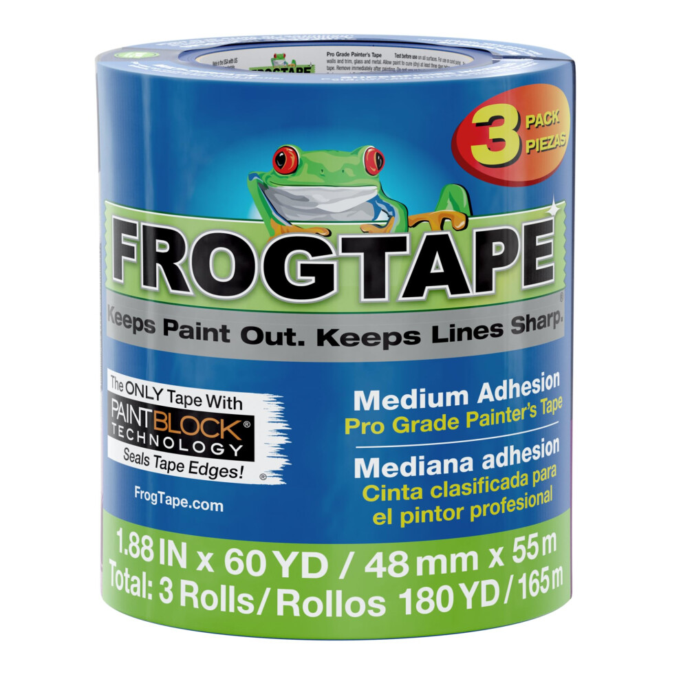 Frog Tape Pro Grade Blue Masking Tape For Painting 48Mm X 55M, Decorators Tape, Painters Masking Tape For Indoor Painting & Decorating - Pack Of 3 5051221756158