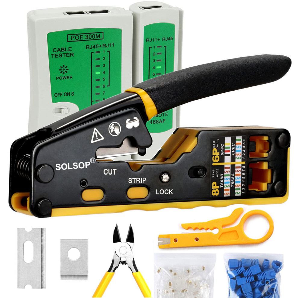 Solsop Pass Through Rj45 Crimp Tool Kit Ethernet Crimper Cat5 Cat5e Cat6 Crimping Tool Kit 5051221755045