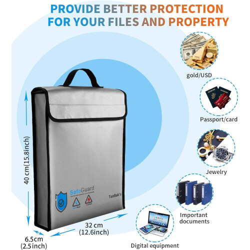 TuoBak's Fireproof Document Bag,Large Capacity Solid Silicone Coated Fireproof Document Box 15.8" x 12.6" x 2.5",Fireproof Document Holder with Zipper 2