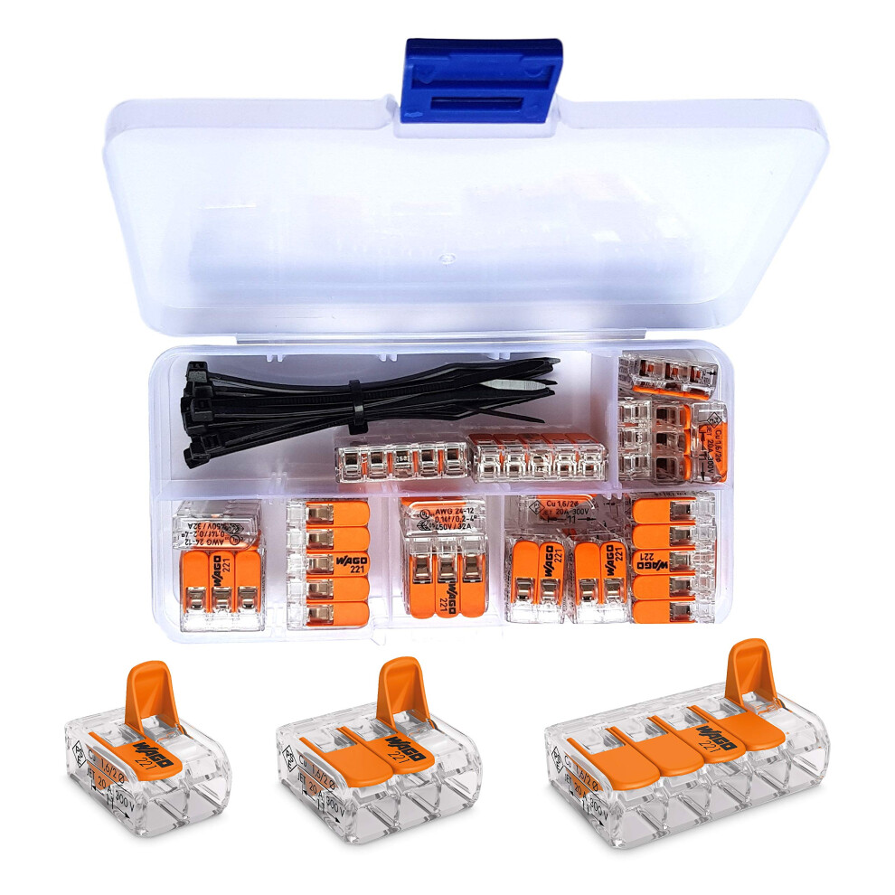 Wago Connectors Set Serie 221 Compact, 25 Pieces, 10X 221-412 | 10X 221-413 | 5X 221-415 With Intervisio Cable Zip Tie 80Mm 5051222394649