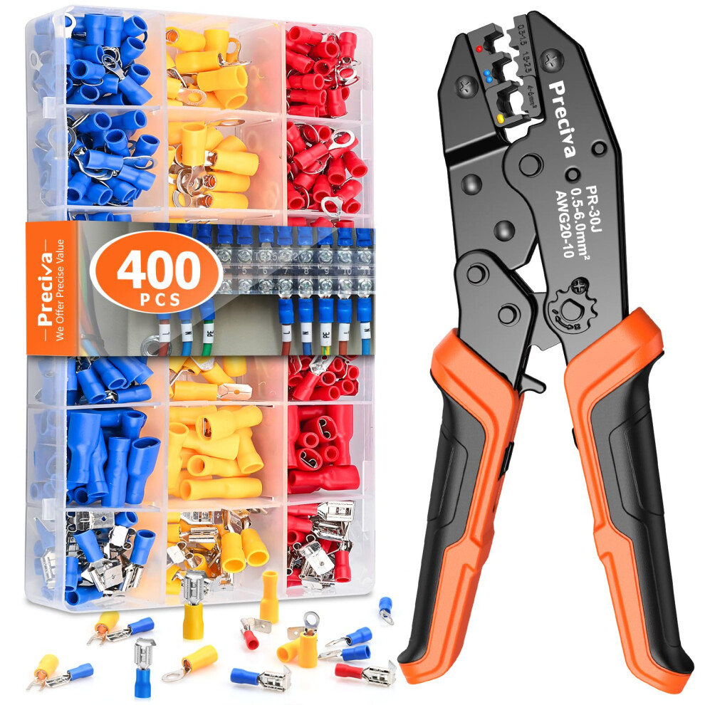 Insulated Wire Terminal Crimping Tool Kit, Preciva Black 0.5-6Mm? Ratchet Crimp Plier, Electrician Cable Lug Pliers Set With 400Pcs Insulated Butt 5051221752037