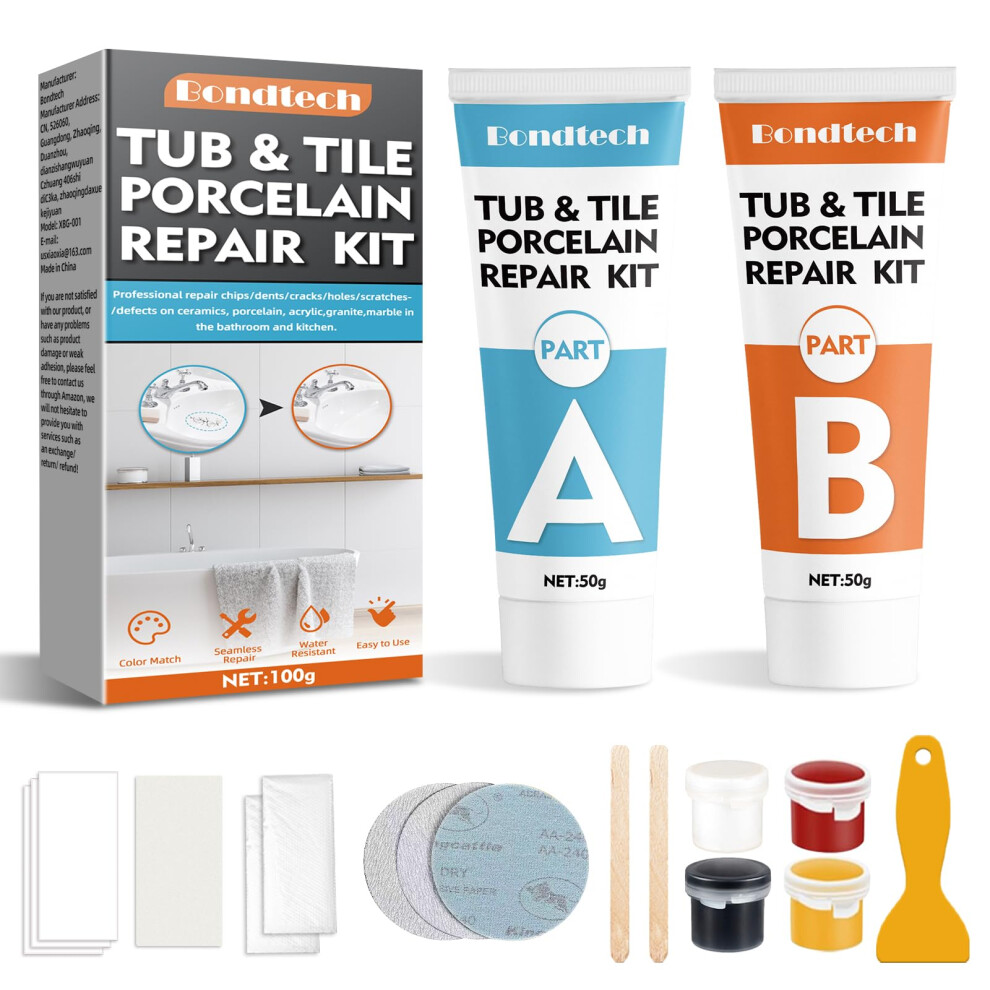 Bondtech Tile Repair Kit, White Shower Tray Repair Kit, Bath Enamel Repair Kit For Chips, Dents, Cracks, Holes On Porcelain, Ceramic (Xbg-B2) 5051221756578