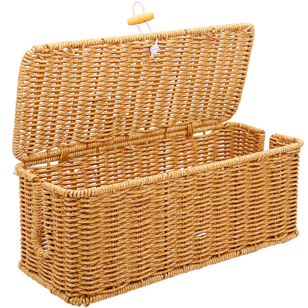 Cable Management Box, Handmade Imitation Rattan Cable Tidy Box With Locked Cover, 2 Open Slots Power Strip Organizer, Cord Organizer Boxes For 5051221756424