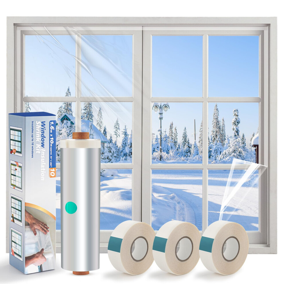 Window Insulation Kit ? Clear Pof Shrink Film 1.6M X 10M With 3 Rolls Double-Sided Tape | Draught Excluder For Winter, Reduces Heat Loss & 5051221753621