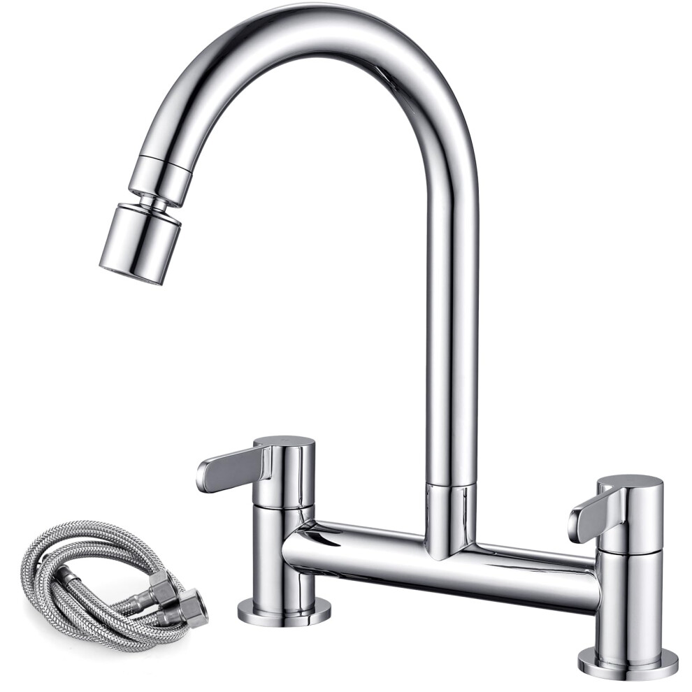 Peppermint Kitchen Mixer Taps 2 Hole With 2 Function Aerator Kitchen Sink Mixer Taps Dual Lever Chrome Bridge Sink Mixer Tap For Kitchens 360? Swivel 5051221755038