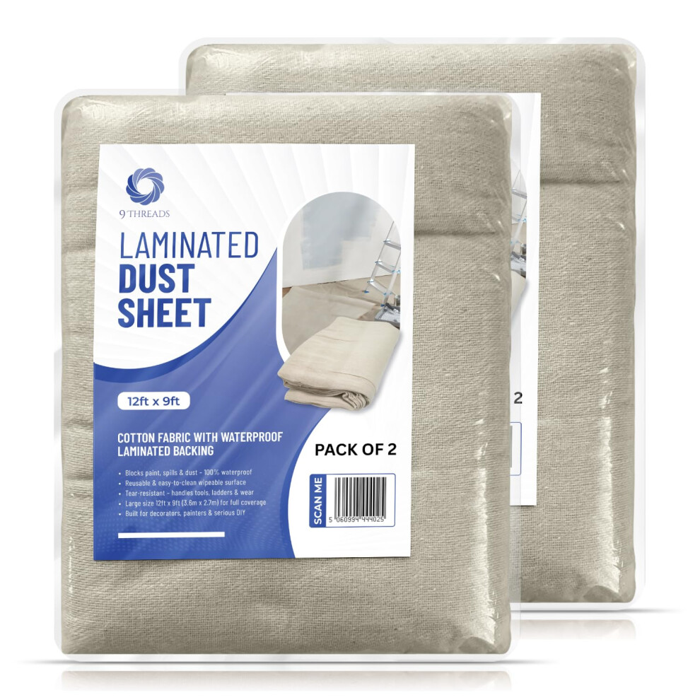 9Threads Laminated Cotton Dust Sheets 12'X9' (3.6M X 2.7M) | Washable & Reusable Drop Cloths For Painting & Decorating | Paint Cover Sheets For 5051221754963