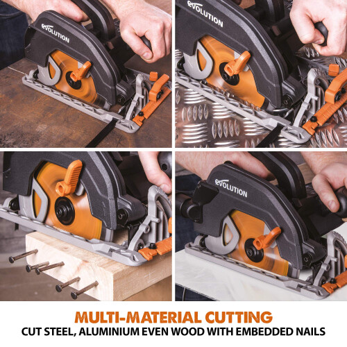 Evolution Power Tools R185CCS Circular Saw with TCT Multi-Material Blade, Cuts Wood, Metal, Plastic & More, Includes Parallel Edge Guide, 0-60? Bevel 2