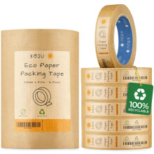 Koju Kraft Paper Packing Tape 24mm x 50m | 1/3/6/36 packs | Eco Friendly & Recyclable Brown Paper Tape for Parcel Packing & Picture Framing | 6 Pack