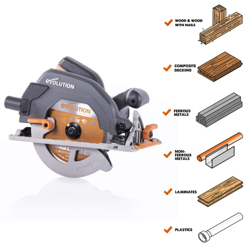 Evolution Power Tools R185CCS Circular Saw with TCT Multi-Material Blade, Cuts Wood, Metal, Plastic & More, Includes Parallel Edge Guide, 0-60? Bevel 1