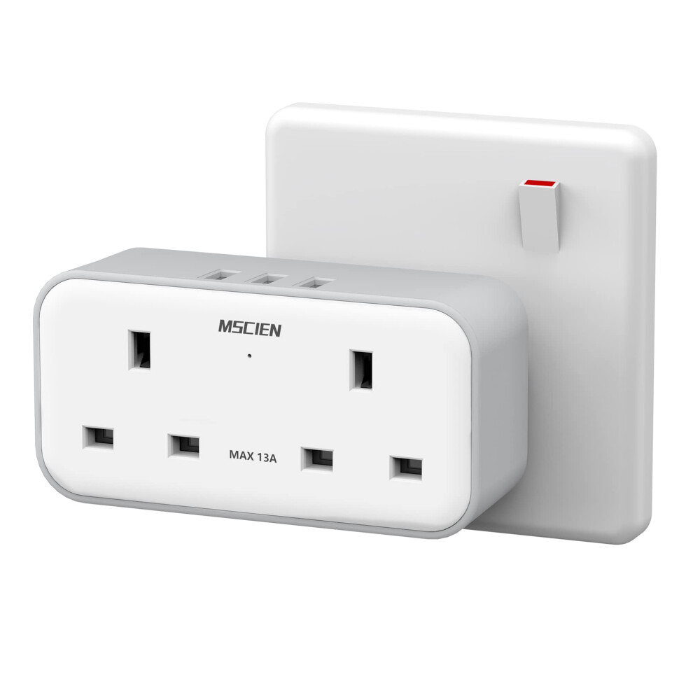 Plug Adapter With 3 Usb, Mscien Double Plug Adaptor, Multi Plug Extension, Dual 2 Pin Socket At The Bottom, 13A Uk Surge Protected Multiplug Extender, 5051222395417
