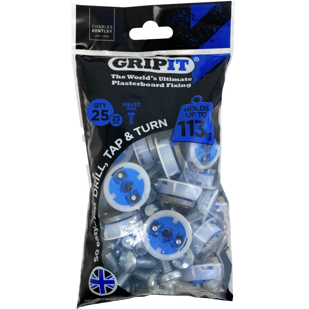 Gripit Blue Heavy-Duty Plasterboard Fixings - Reusable Drywall Fixings - Pack Of 25 - Holds Up To 113Kg - Easy To Install Drywall Anchor For Tv, Stud 5051221763804