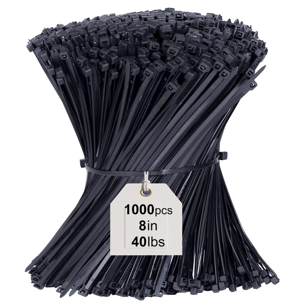 Cable Ties 1000 Pack, 3.6 X 200Mm Black Zip Ties 8 Inch, 40Lbs Tensile Strength With Uv Resistant, Tie Wraps Nylon Plastic Ties Self Locking Large 5051222384367