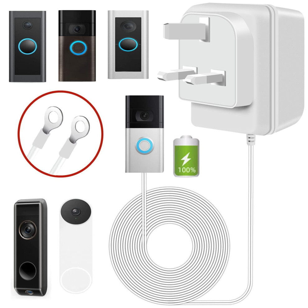 Xzgm Video Doorbell Power Adapter, 24V 500Ma Doorbell Transformer,For Most Versions Of Ring Doorbell And Thermostat (10M Extension Cable White) 5051222377819