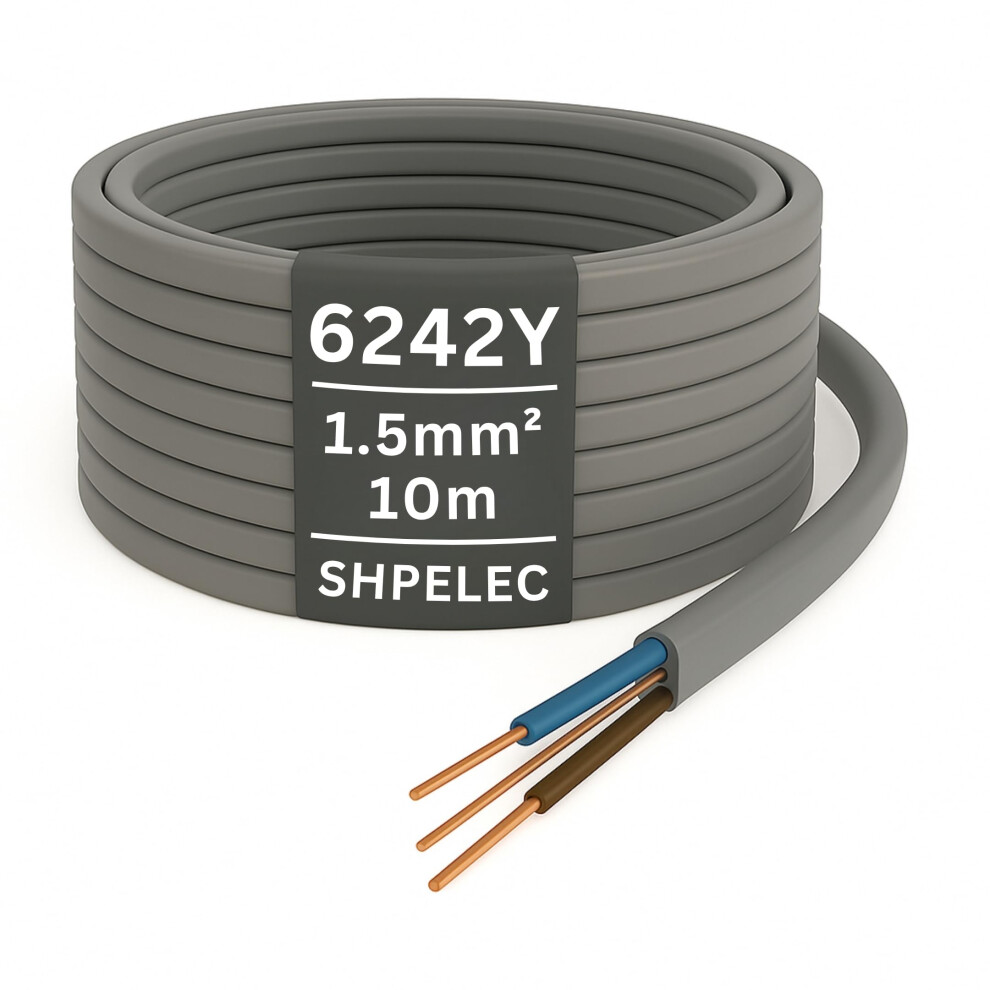 Shpelec? 6242Yh Twin And Earth Cable - 1.5Mm 10M | Electrical Mains Socket Ring Wire Basec Approved - Multiple Lengths (10Metres - 1.5Mm Twin And 5051221766782