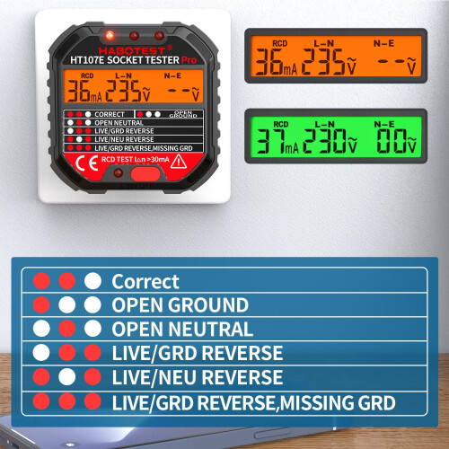 Socket Tester RCD Plug Outlet Tester, Electrical Receptacle Detector with LCD Display, 90-250V Power Socket Automatic Electric Circuit Polarity 1