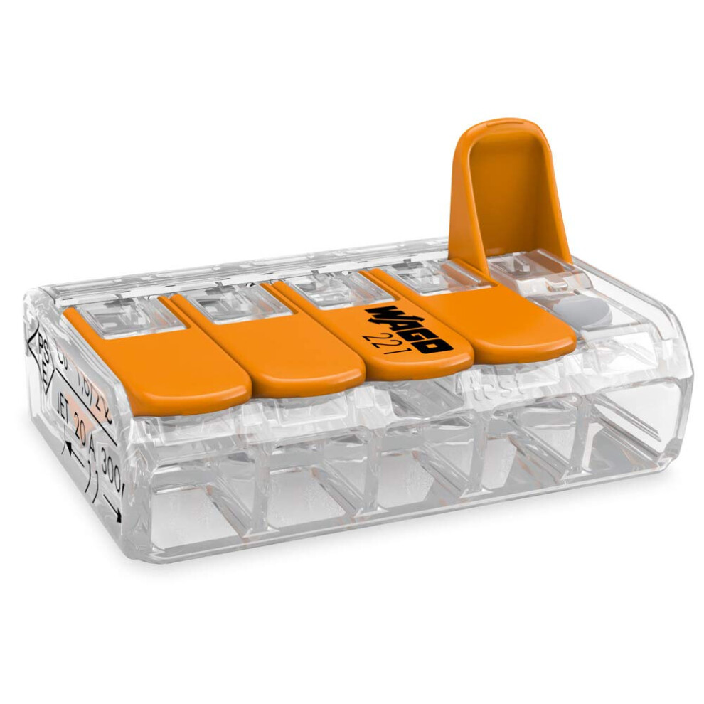 25 Piece Wago Connection Block With 5 Conductors And The Actuating Lever 0.2-4 Mm?, Small Transparent Design, 221-415, Orange 5051221768328