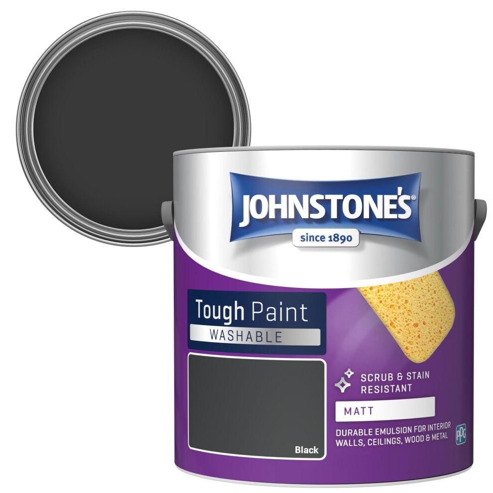 Johnstone's Black - Washable Paint - Matt Finish - Emulsion Paint - Highly Durable - Stain Resistant - Non Toxic & Low Odour - 12M2 Coverage Per