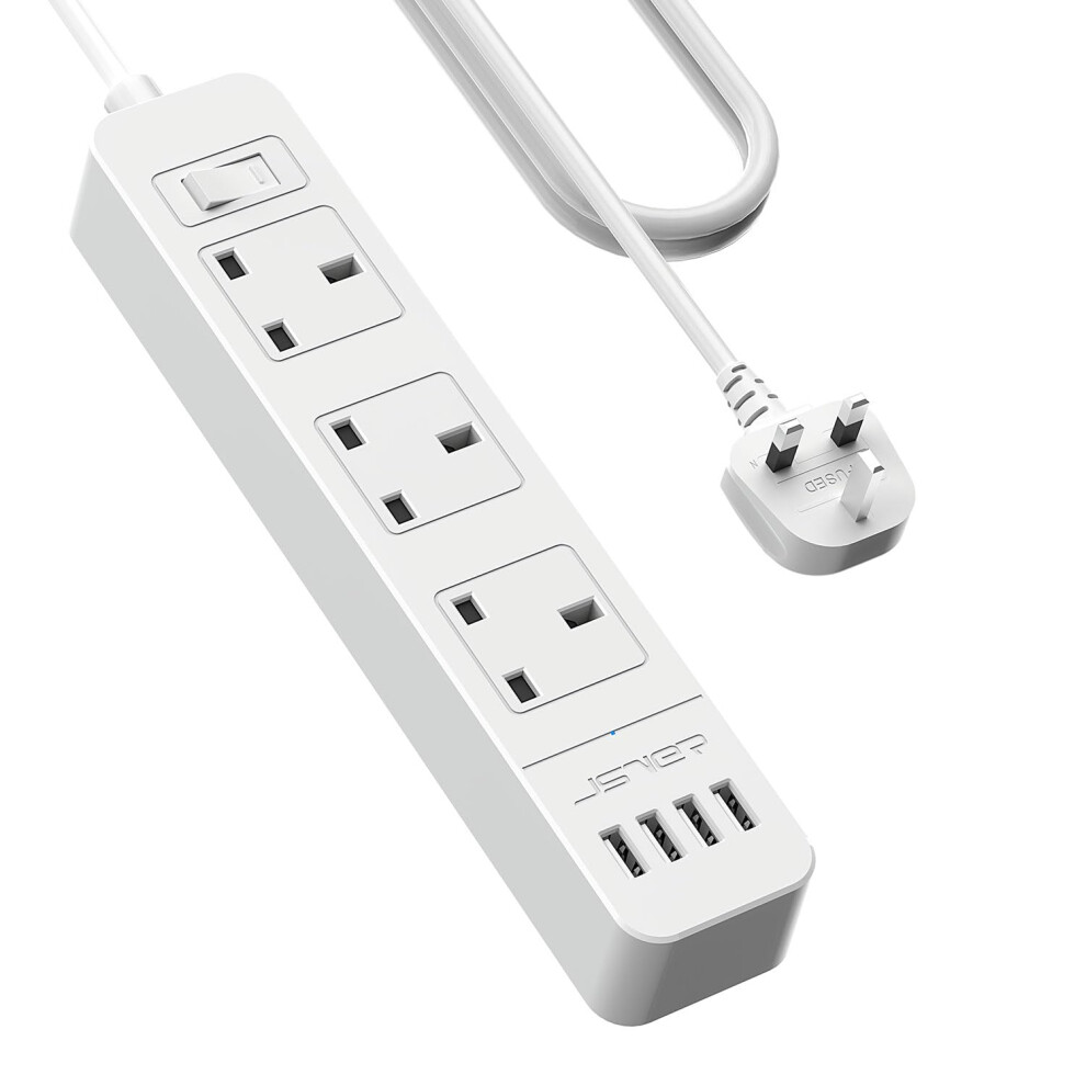 Jsver Extension Lead Usb,Power Socket With 3 Outlet 4 Usb Charging Station Power Strip 3250W 13A With 3M Power Lead For Home And Office-White 5051221769011