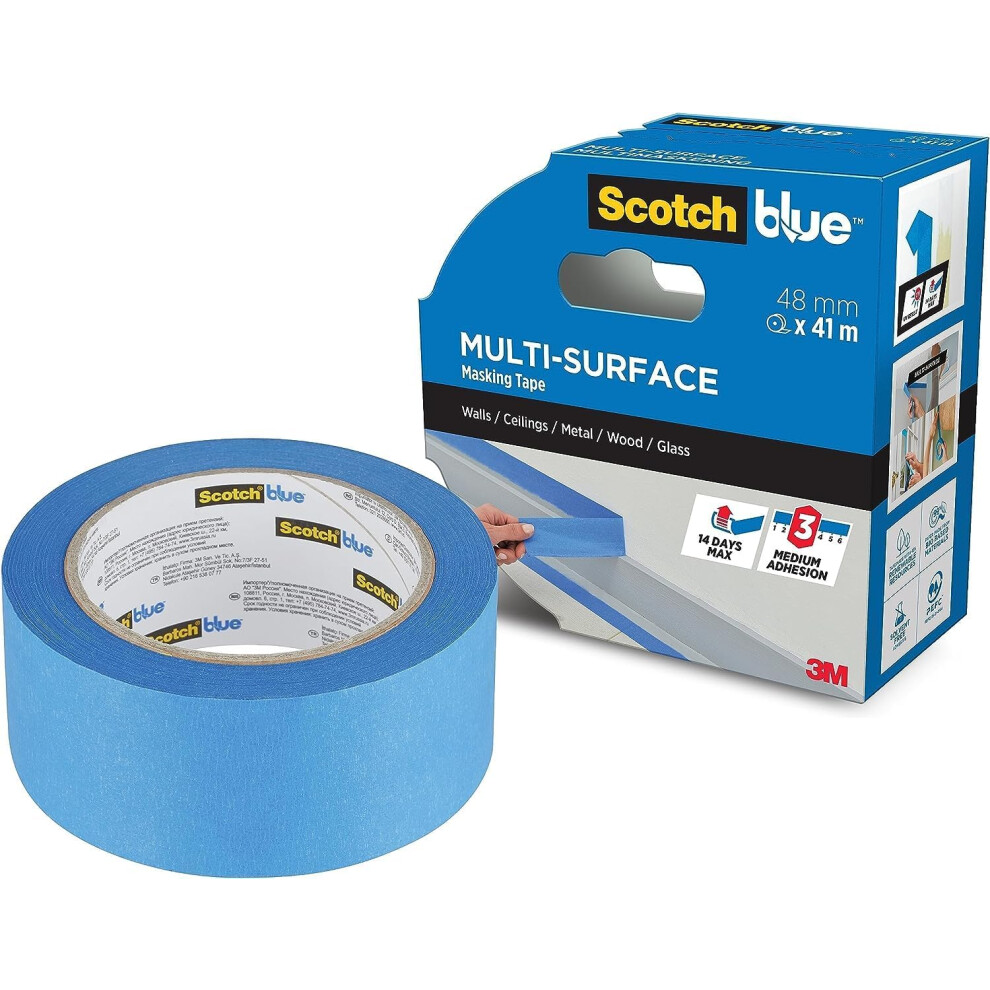 Scotchblue Multi-Surface Premium Masking Tape, 48Mm X 41M, 1 Roll/Pack - Scotch Adhesive Blue Painters Tape, For Painting And Decorating, Indoor & 5051221772851