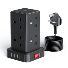 Kemelo Tower Extension Lead with 8 Way Multi Plug & 4 USB Ports (13A 3250W), Mini Power Strip with Switch, 2M Extension Cable Surge Protection for