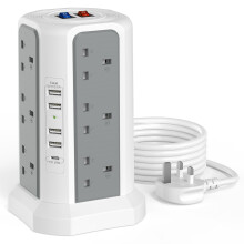 Tower Extension Lead with USB Slots and 18W USB C Fast Charger, (13A 3250W) 5 USB Ports and 12 Way Extension Tower, Surge Protected Extension Cable