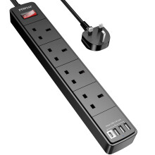 POWSAF Extension Lead with 4 USB Slots (3.4A, 1C and 3A Ports),Power Strip Extension cord with 4 way plug extension Socket and 2M Extension Cable for