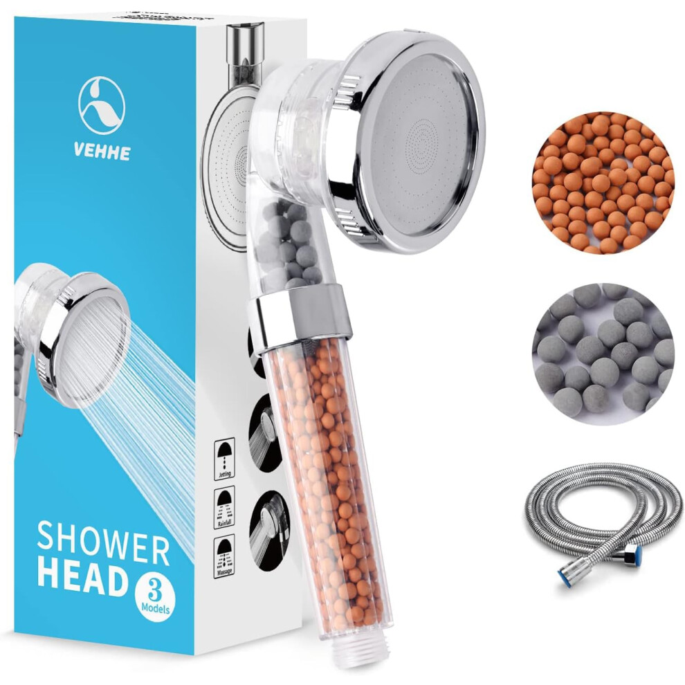 Vehhe Water Saving Shower Head With 1.5M Shower Hose, Ionic High Pressure 3 Modes Adjustable Shower Heads With Filter Beads, Power Shower Head To 5051221772691