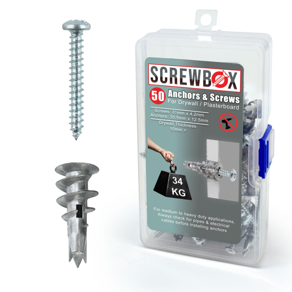 Screwbox? Plasterboard Fixings ? 50Pcs Heavy Duty Drywall Anchors & Screws, Metal Self Drilling Wall Plugs For Strong Grip 5051221773148