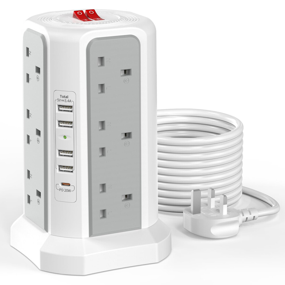 Tower Extension Lead 5M With Usb Slots And Pd 20W Usb C Fast Charger, (13A 3250W) 12 Way Surge Protected Extension Tower 5 Usb Ports, Extension Cable 5051222389911