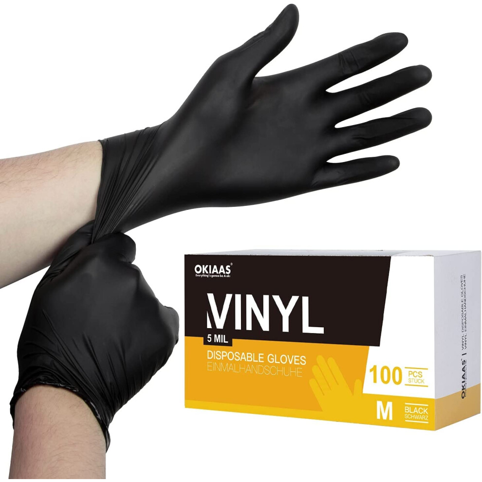 Okiaas Black Gloves Medium, Vinyl Gloves Latex Free, 5 Mil, 100 Count, For Food Prep, Household Cleaning, Hair Dye, Tattoo 5051222387542