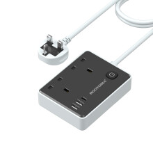 Extension Lead with 3 USB Slots (1 USB C), Surge Protected 2 Plug Extension Lead 2M with Switch, USB Power Strip for Home Bedroom Kitchen Office,