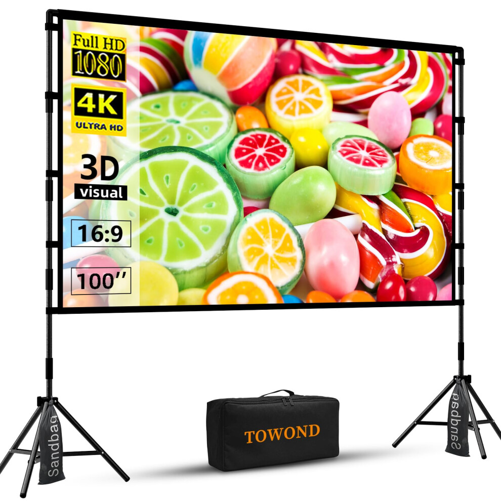 Projector Screen And Stand,Towond 100 Inch Indoor Projection Screen Portable Outdoor Projection Screen 16:9 4K Hd Rear Front Movie Screen With Carry 5051221774633