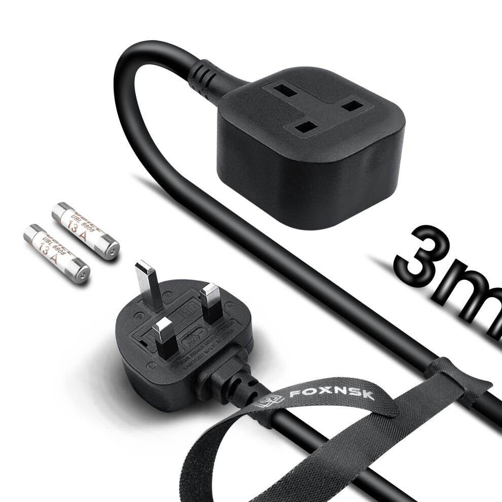 Single Extension Lead 3M, 1 Way Gang Plug Socket Surge Protected, 13Amp 250V 3Kw Uk 3 Pin Fused Mains, Rubber, Tough And Fireproof, Black 5051221775517