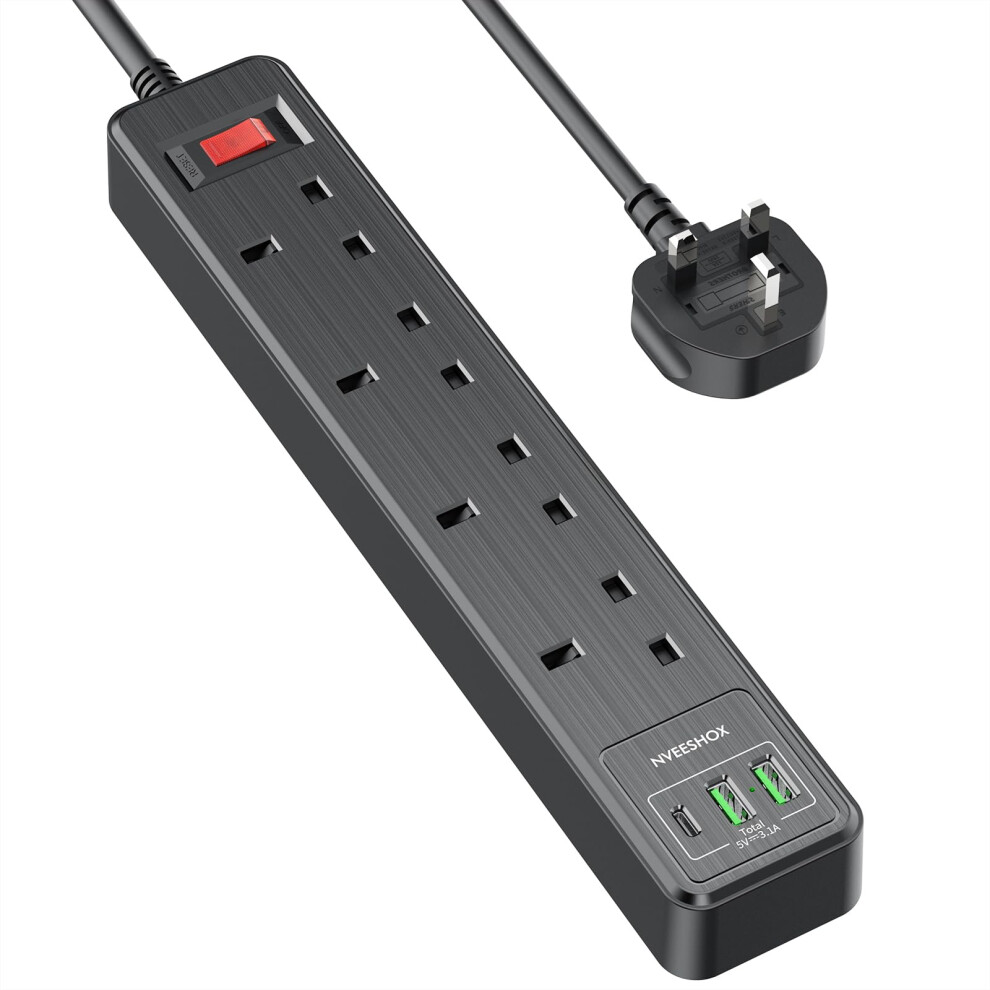 Nveeshox Extension Lead 2M (13A 3250W), 4 Way Outlets Extension Cord, Surge Protected Extension Lead With Usb Slots (2 Usb-A & 1 Usb-C), Multi Black 5051221777184