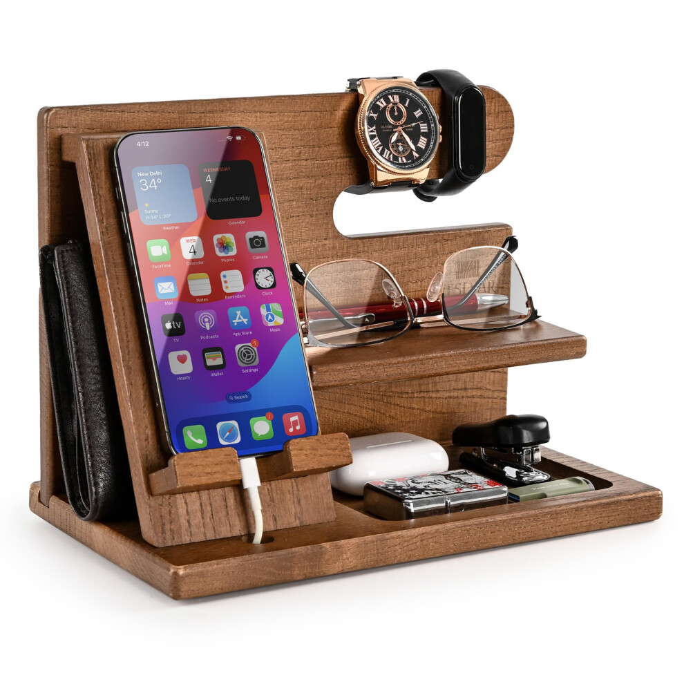 Teslyar Wood Phone Docking Station For Men - Desktop Or Nightstand Organizer - Birthday Gifts For Men, Dad - Anniversary Idea From Wife - Key Holder, 5051221776248