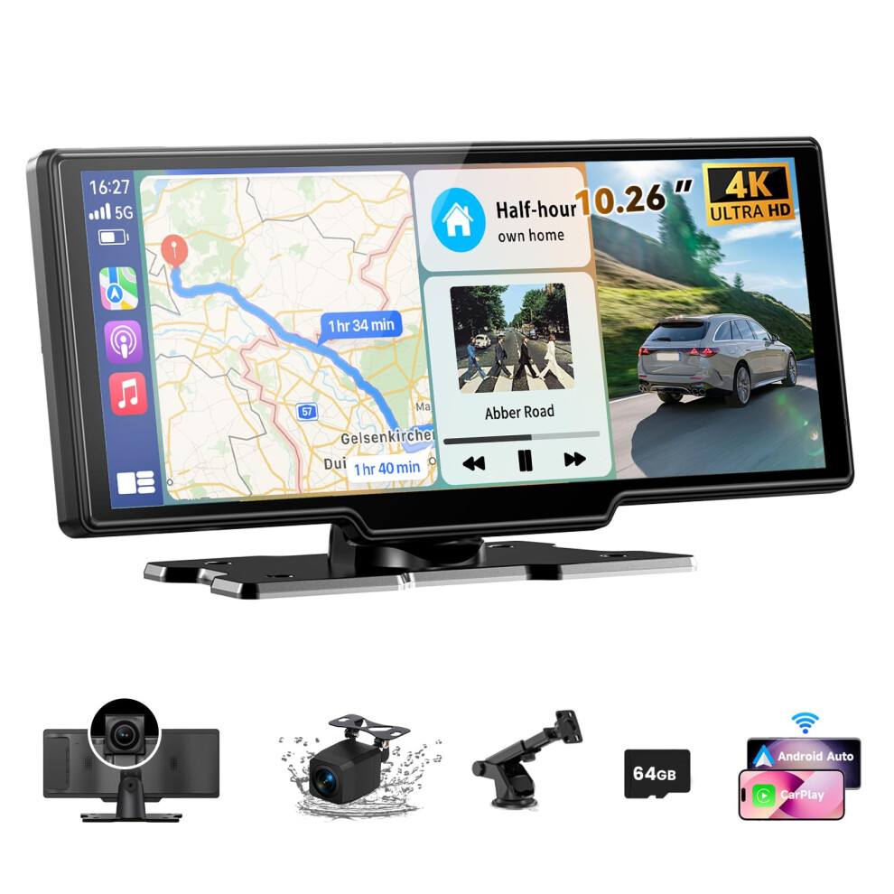 10.26" Car Tablet Pro Max 2025: Wireless Carplay Screen For Car With 4K Front And 1080P Rear Camera, Android Auto Screen Ips Touchscreen/Mirror 5051222424193